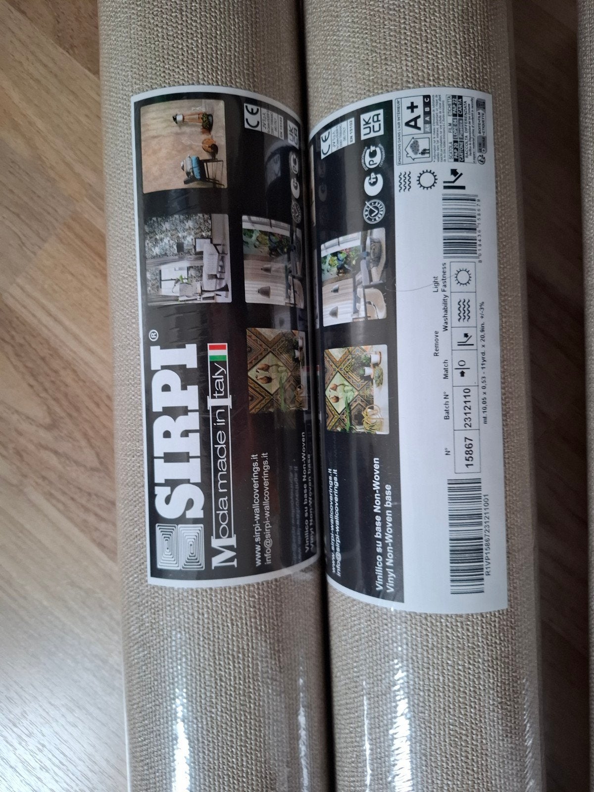5 rollen Sirpi behang taupe linnen structuur (zelfde batch), Ophalen, 75 m² of meer