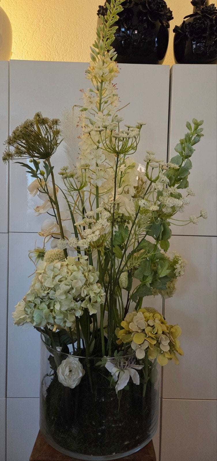 ZGN groot zijden bloemstuk in glazen cilinder vaas, Ophalen, Zijde, Zo goed als nieuw, 105 cm