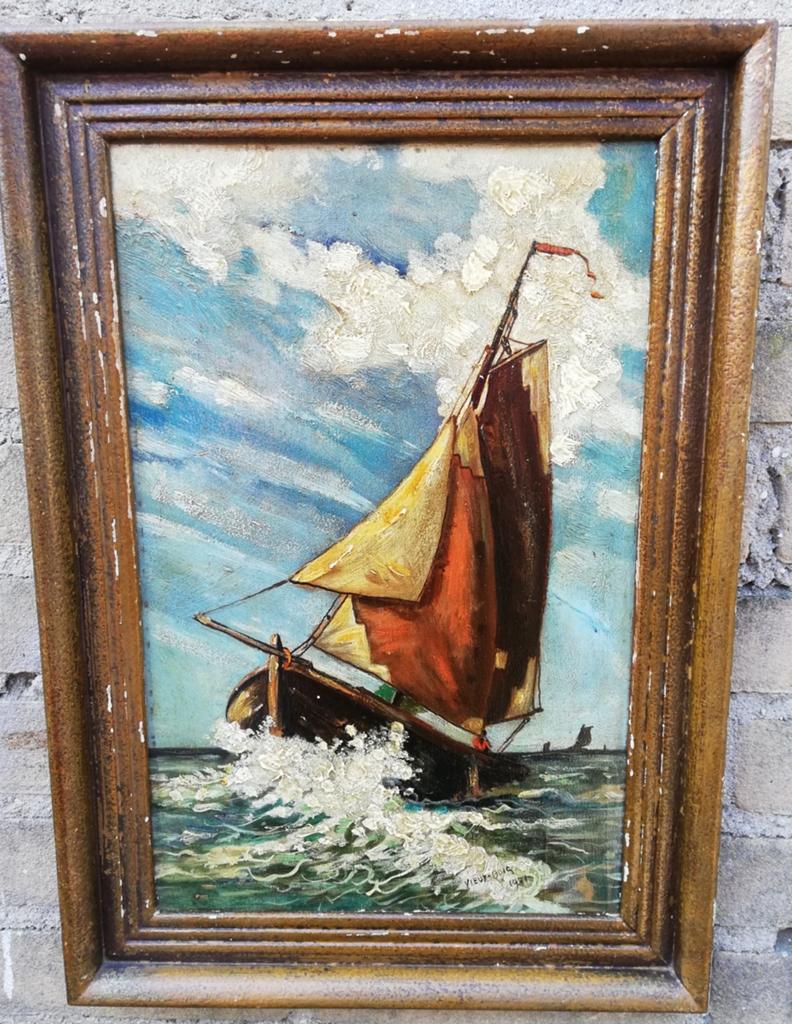 Skûtsjesilen. 1941. Sign. Olie/paneel. 32/45 cm., Ophalen