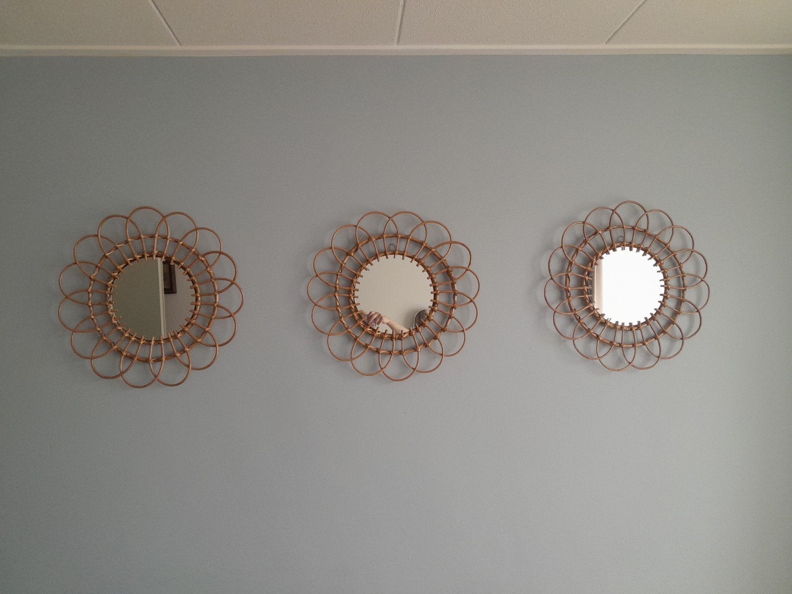 Set van 3 rotan spiegels bloem xenos - diameter 50 cm, Ophalen, Minder dan 50 cm, Gebruikt, Rond