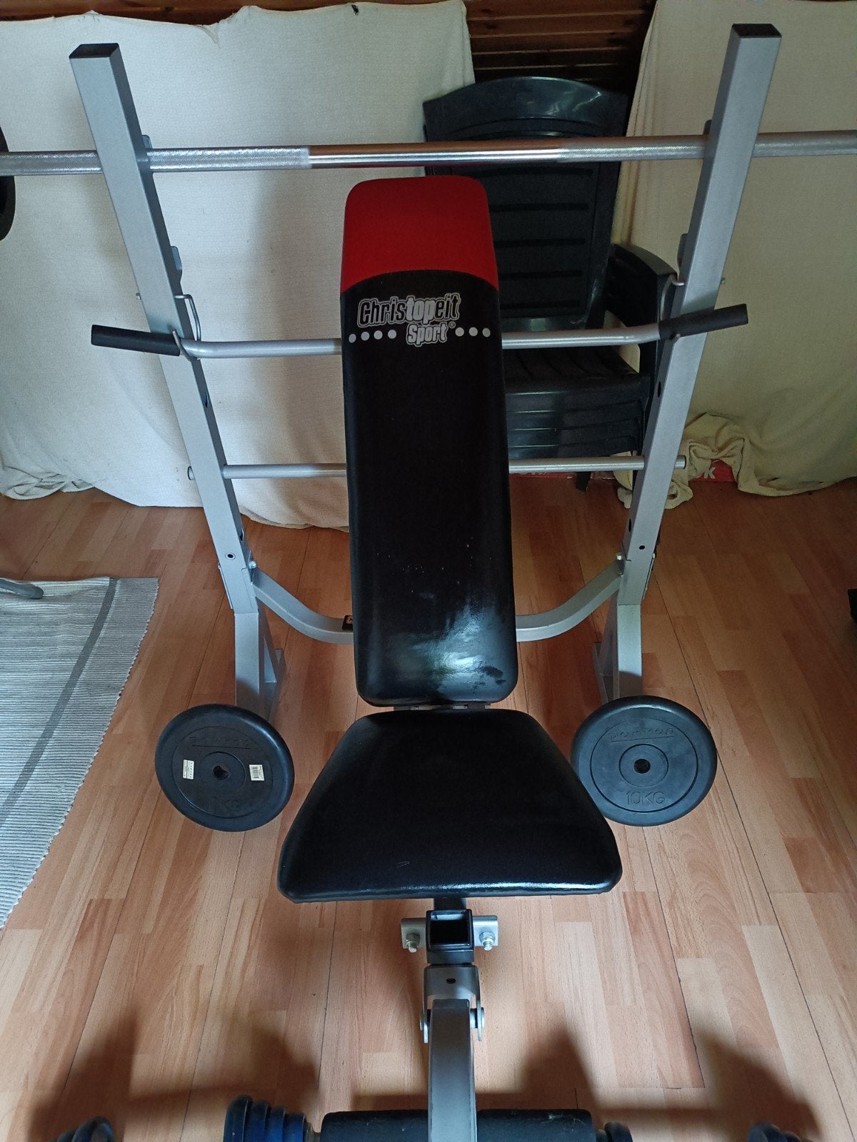 Fitnessbank met halterstang en gewichten, Sport en Fitness, Ophalen, Gebruikt, Armen, Fitnessbank