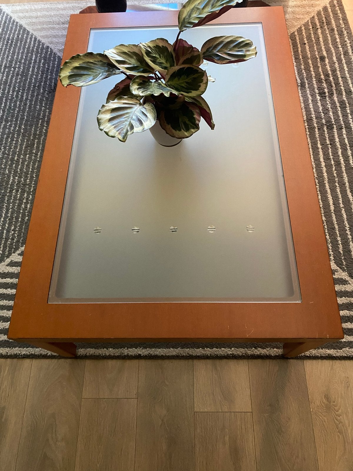 Robuuste salontafel met verdiept melkglas (veiligheidsglas), Ophalen, Gebruikt, 200 cm of meer, 50 tot 100 cm