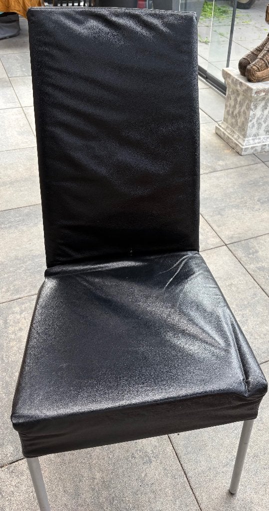 6 zwarte leren eetkamerstoelen met metalen poten, Ophalen, Gebruikt, Zwart, Leer