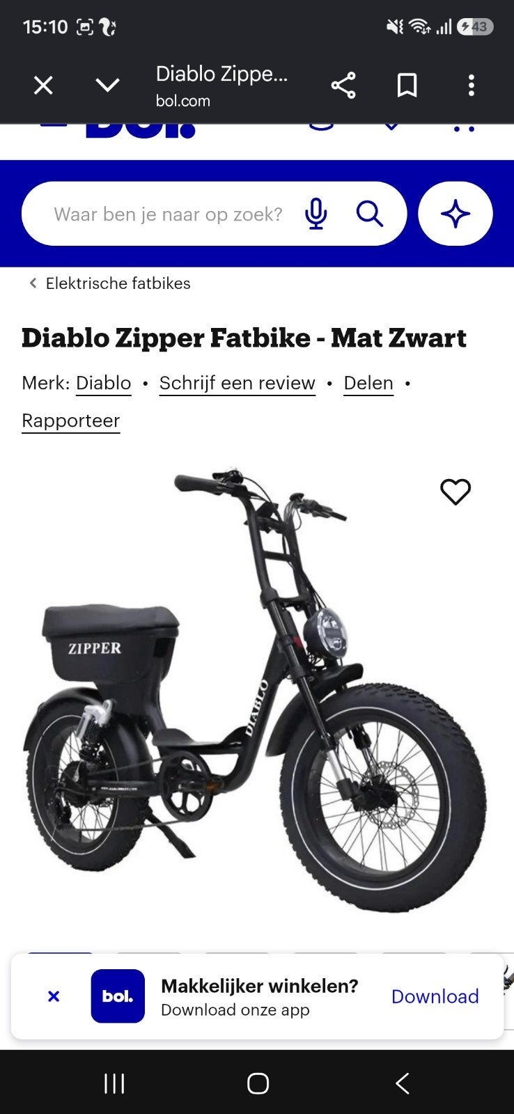 Diablo Zipper Fatbike - Mat Zwart met 15 km op teller, Ophalen