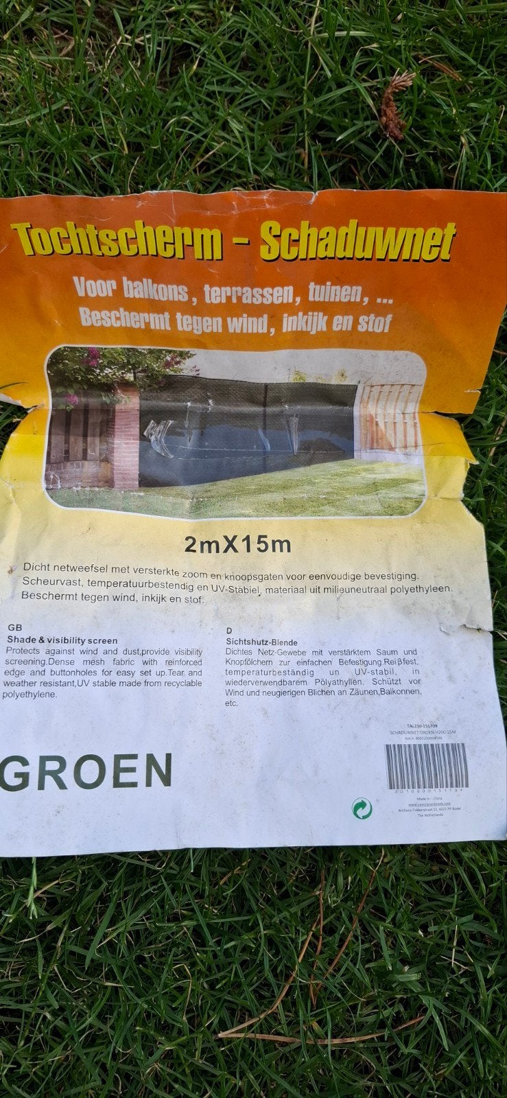 Schaduwnet ca 10x2m en nieuwe clips, Tuin en Terras, Ophalen