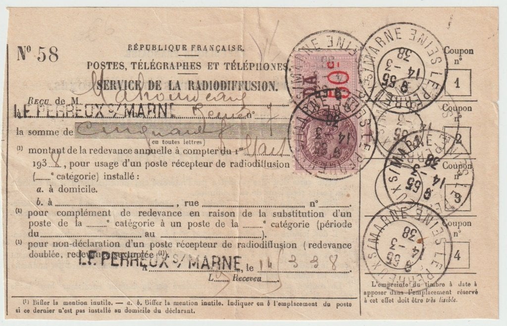 Frankrijk. Kwitantie radio abonnement 1938. belastingzegel, Verzenden, Overige typen