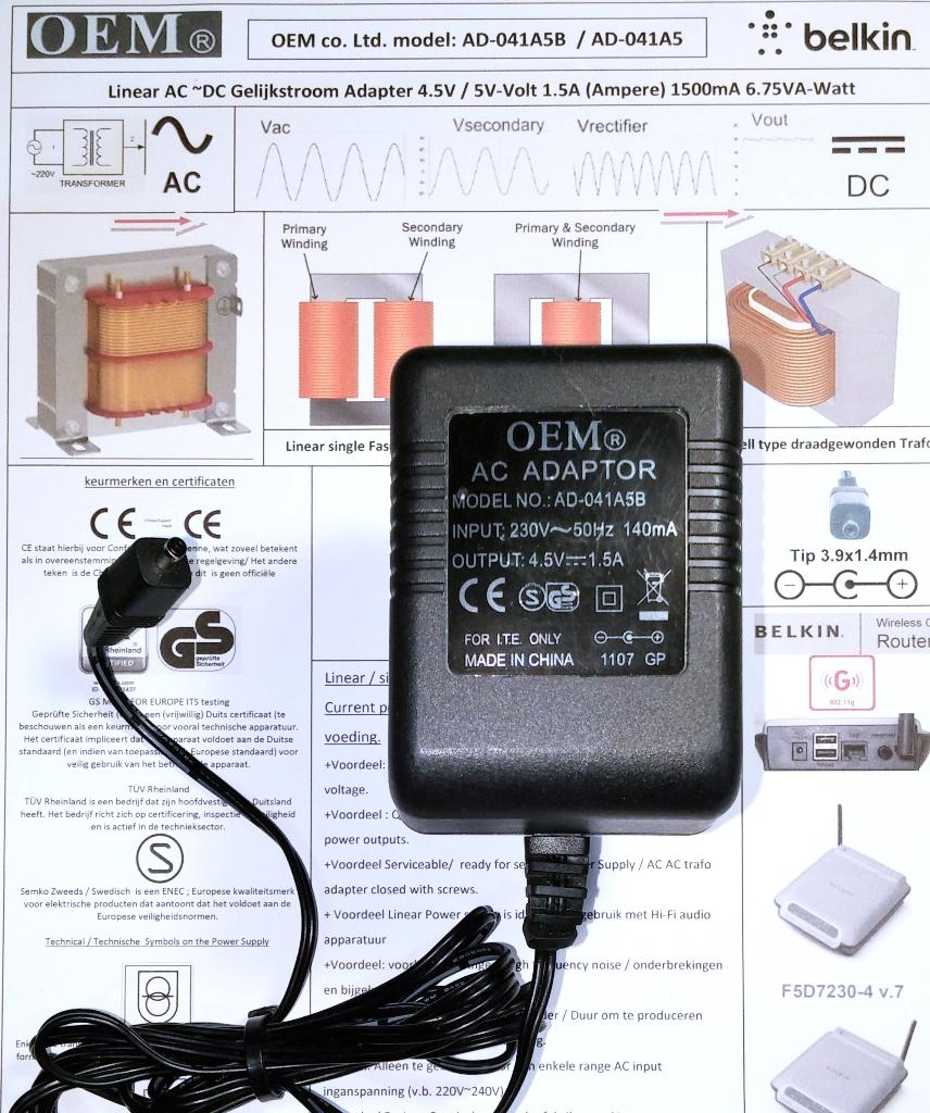 OEM AD-041A5B AC DC Adapter 4.5V 5V 1.5A 7W Oplader F5D7230