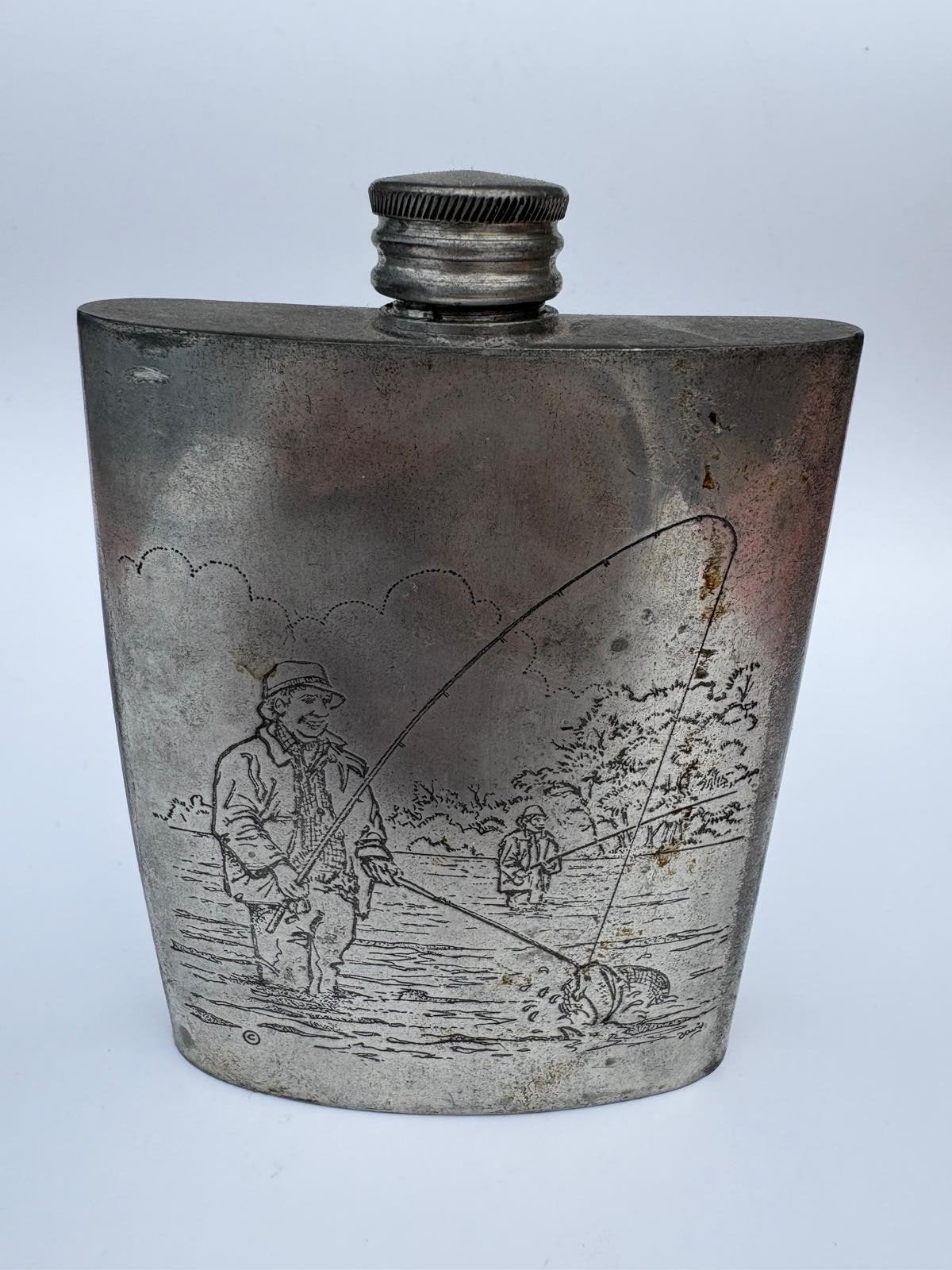 Vintage heupfles met vissersgravure, Antiek en Kunst, Ophalen of Verzenden