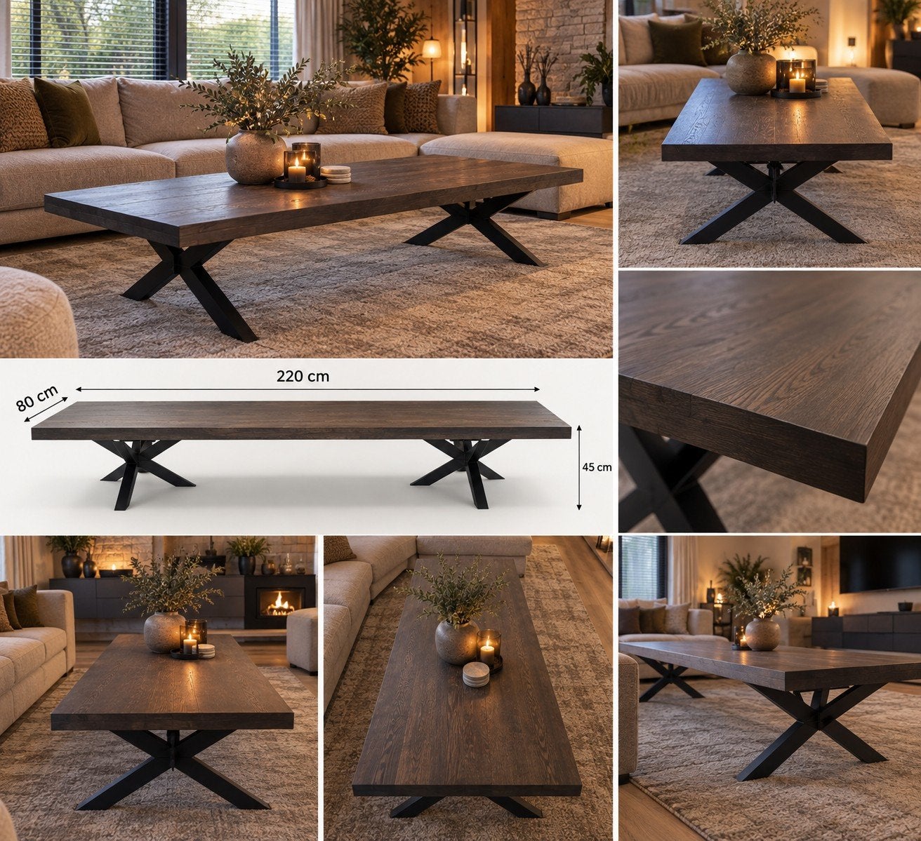 Robuuste Salontafel Eikenhout met Zwart Metalen Onderstel, Huis en Inrichting, Ophalen, 200 cm of meer, 50 tot 100 cm, Zo goed als nieuw