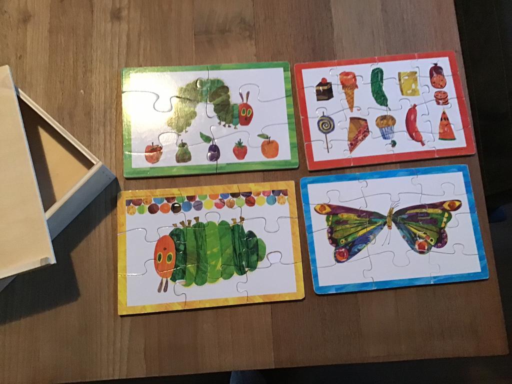Te koop 4 kinder puzzels in houten kistje, Ophalen of Verzenden, Zo goed als nieuw, Patroon