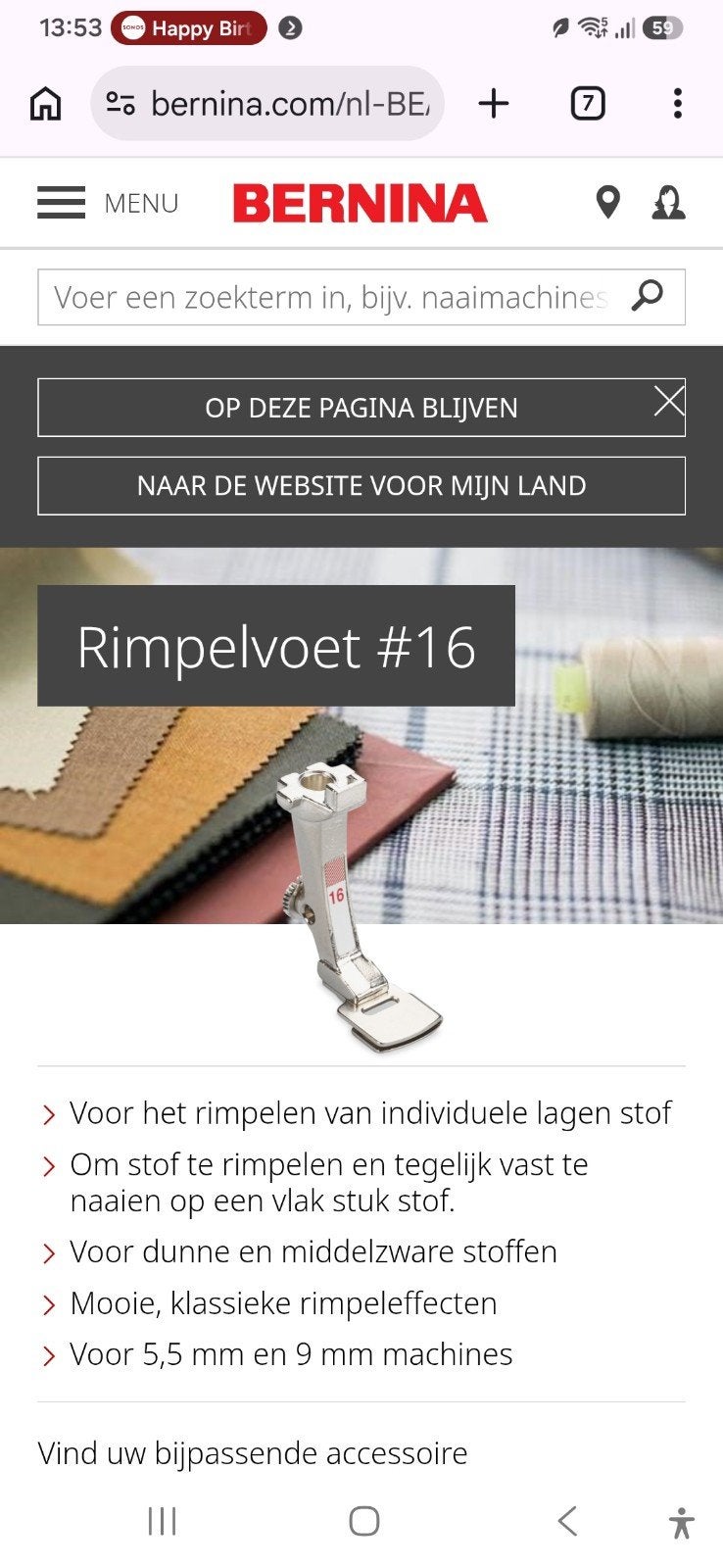 Bernina Rimpelvoet #16, Ophalen of Verzenden, Zo goed als nieuw, Toebehoren, Bernina