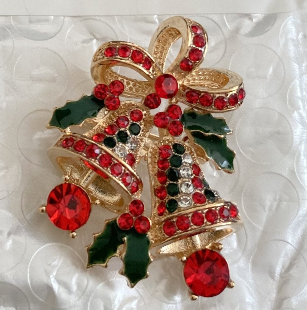 flonkerende goudkleurige strass /kristal broche Kerstklokjes, Ophalen of Verzenden, Nieuw