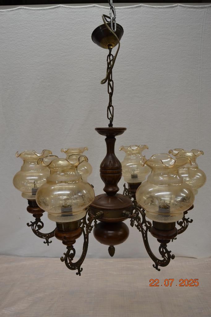 Antieke houten hanglamp / kroonluchter met 6 lichtpunten, Ophalen of Verzenden, Gebruikt, Glas