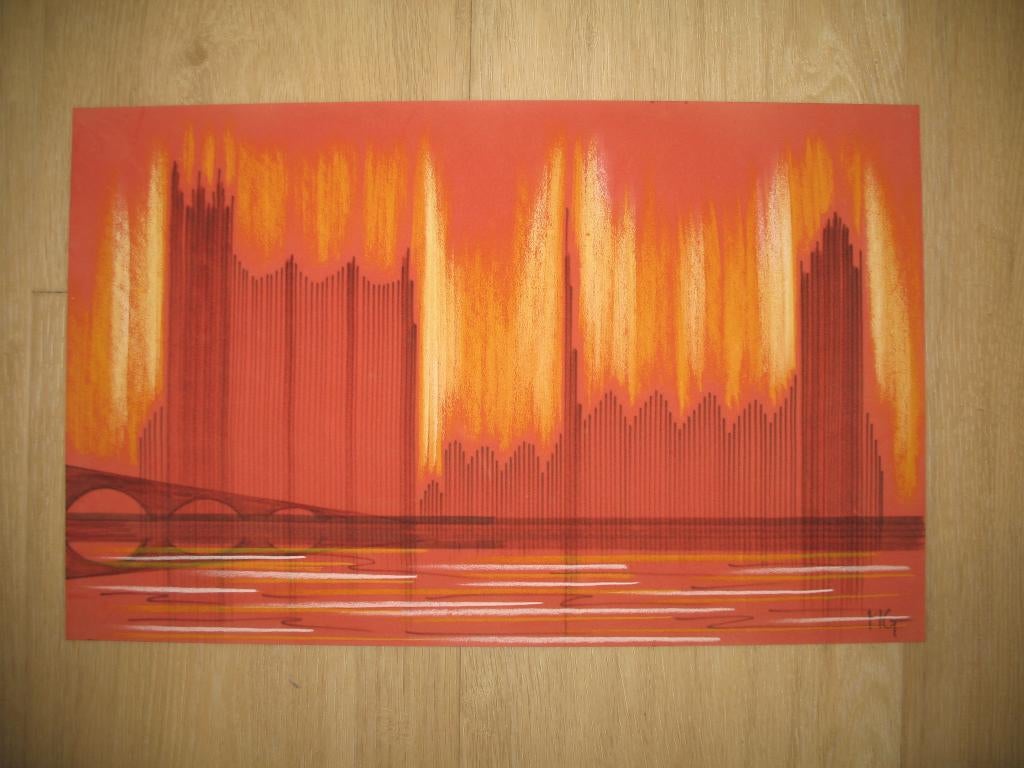 Prent Skyline Fluweel-Achtig + Aparte Kleuren Gesigneerd, Ophalen of Verzenden