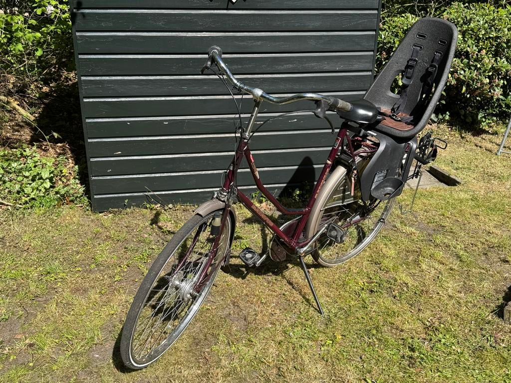 Batavus Locarno damesfiets met kinderzitje en buggydrager, Ophalen, Versnellingen, Batavus, Trommelrem