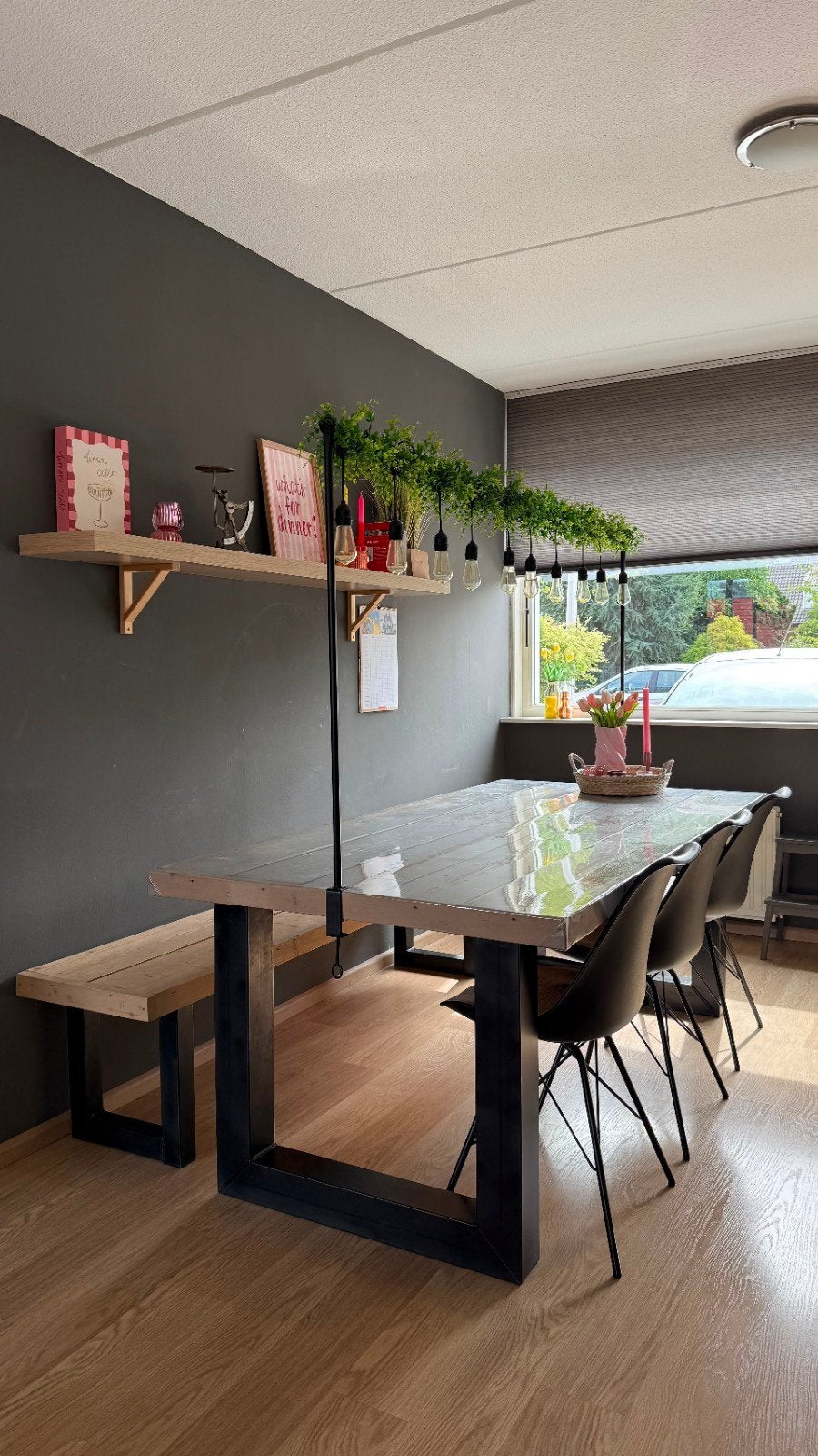 Eettafel met bank steigerhout, Gebruikt, 100 tot 150 cm, 200 cm of meer, Vijf personen of meer