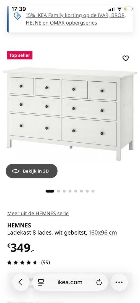 IKEA HEMNES ladekast, wit gebeitst, 160x96 cm, Huis en Inrichting, Ophalen, Gebruikt, 5 laden of meer, 150 tot 200 cm