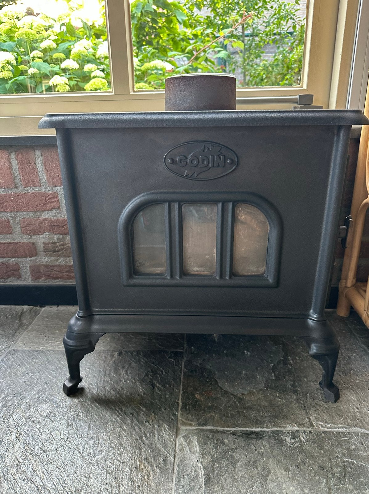 Godin Houtkachel- Zijdelings laden, 125mm uitlaat, Ophalen of Verzenden, Gebruikt, Vrijstaande haard, Houthaard