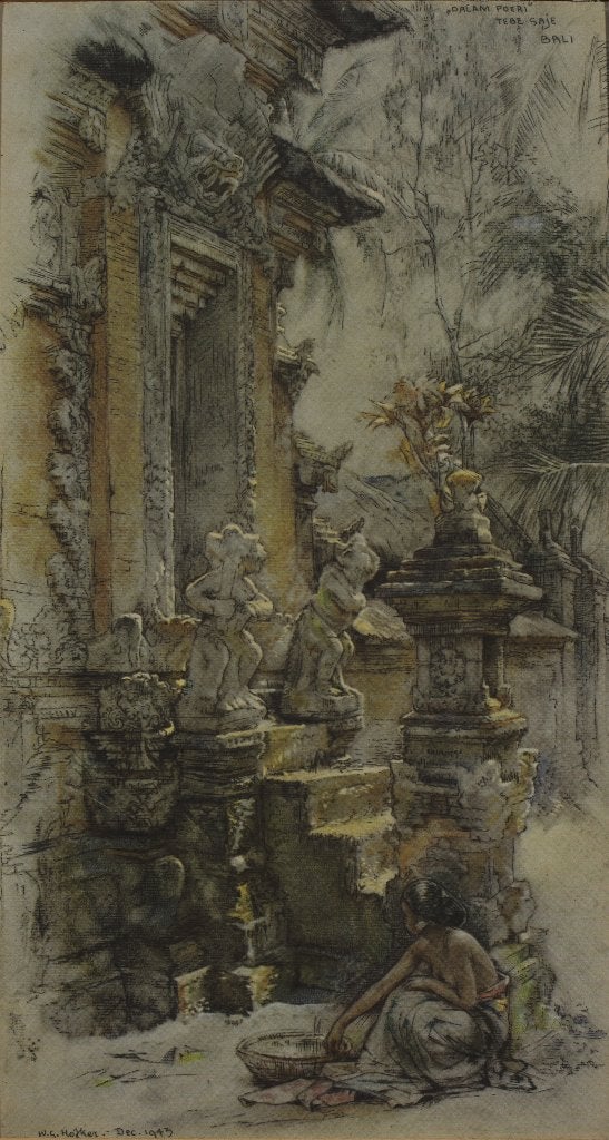 Kleurenprent van Willem Gerard Hofker, 1943, Ubud, Bali., Ophalen of Verzenden
