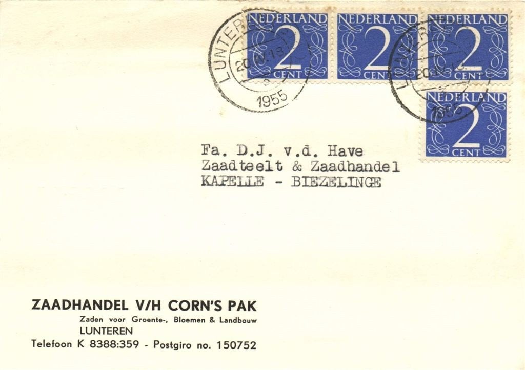 Zaadhandel v/h Corn s Pak, Lunteren - 04.1955 - briefkaart, Ophalen of Verzenden, Briefkaart