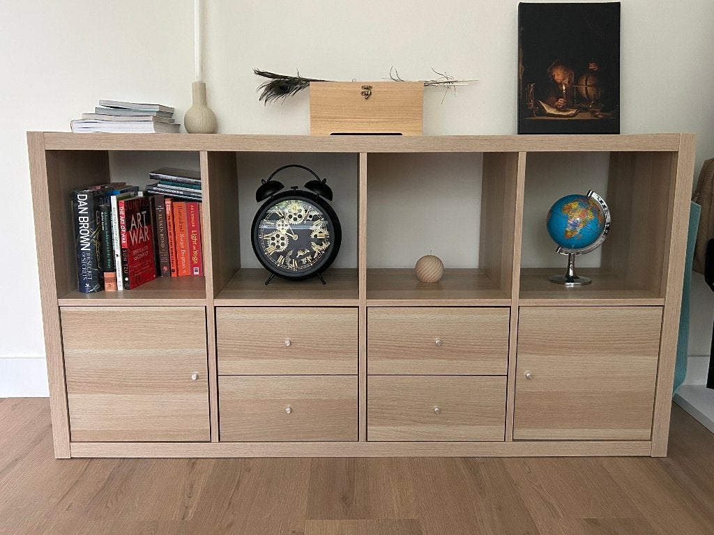 IKEA - KALLAX shelving unit, Color- White stained oak effect, 100 tot 150 cm, 50 tot 100 cm, Zo goed als nieuw, Met lade(s)