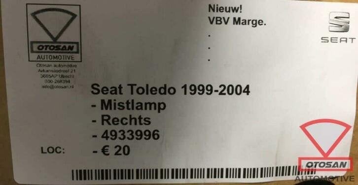 seat toledo 1999 2006 mistlamp nieuw! rechts 4933996, Autovia A-2, Km 585 585
08760  Martorell, ES, Nieuw, Ophalen of Verzenden