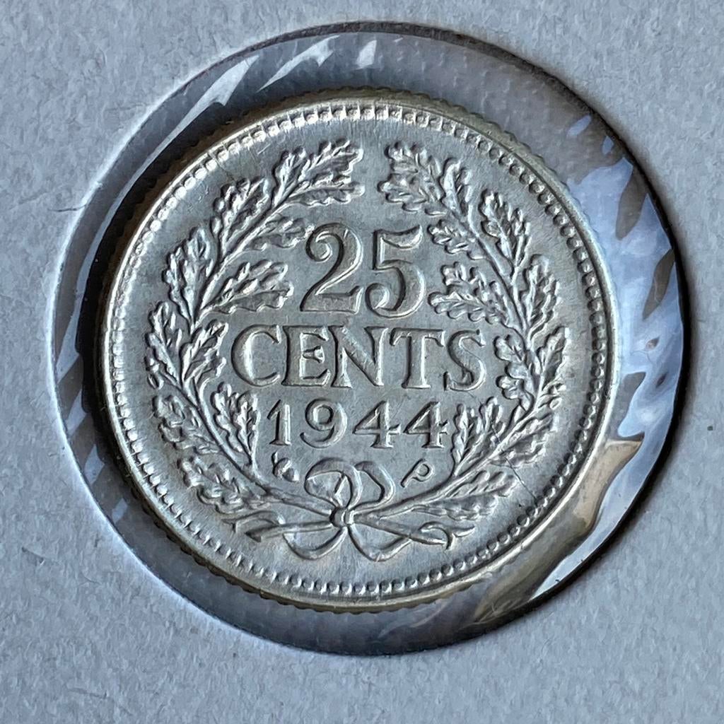 25 Cent Zilver uit 1944 Pe / Ep van Wilhelmina, Verzenden, Zilver, 25 cent, Koningin Wilhelmina