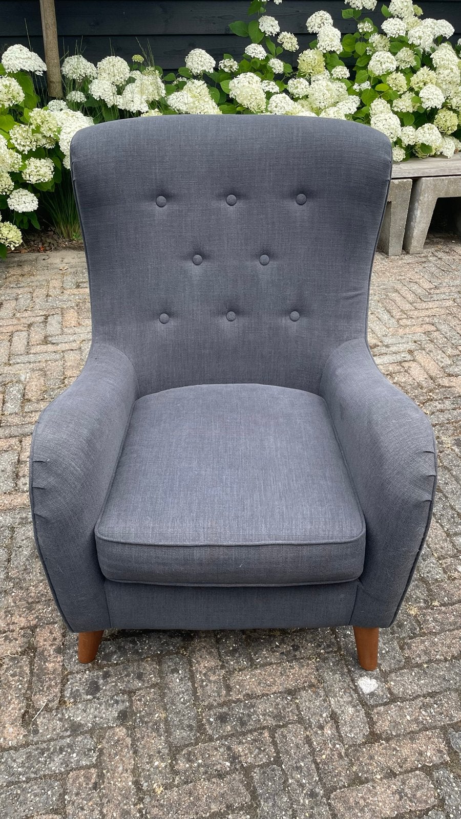 Comfortabele grijze fauteuil - Next - Polyester, Huis en Inrichting, Fauteuils, Ophalen, Gebruikt, Country, 75 tot 100 cm