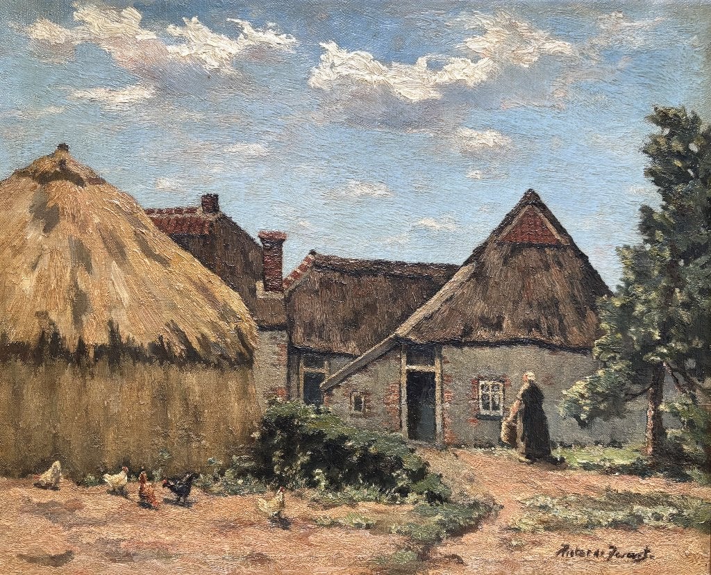 Pieter de Zwart (1880-1967) - Boerenerf, Antiek en Kunst, Doek, Impressionistisch, Ophalen of Verzenden, Landschap