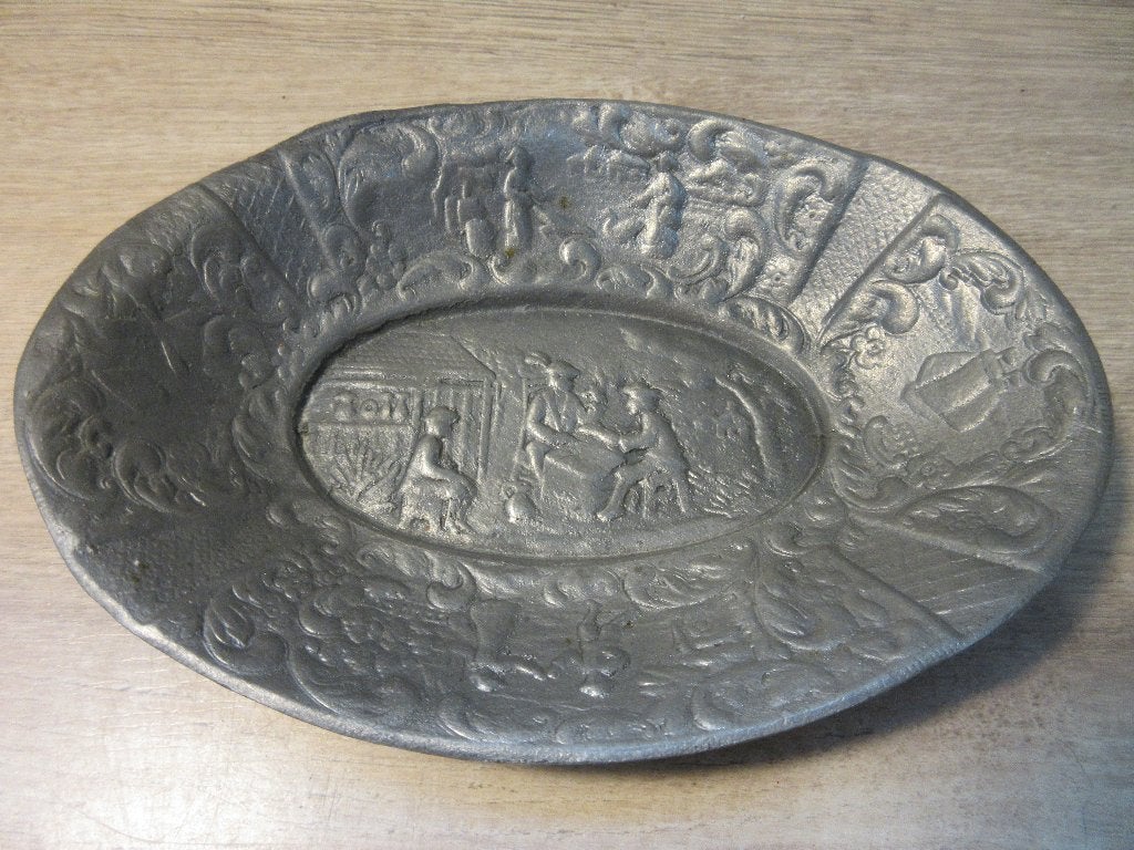 Antiek tinnen schaaltje met bloem stempel, Ophalen of Verzenden
