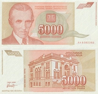 JOEGOSLAVIE 1993 5000 dinara #128 UNC, Verzenden, Joegoslavië, Los biljet