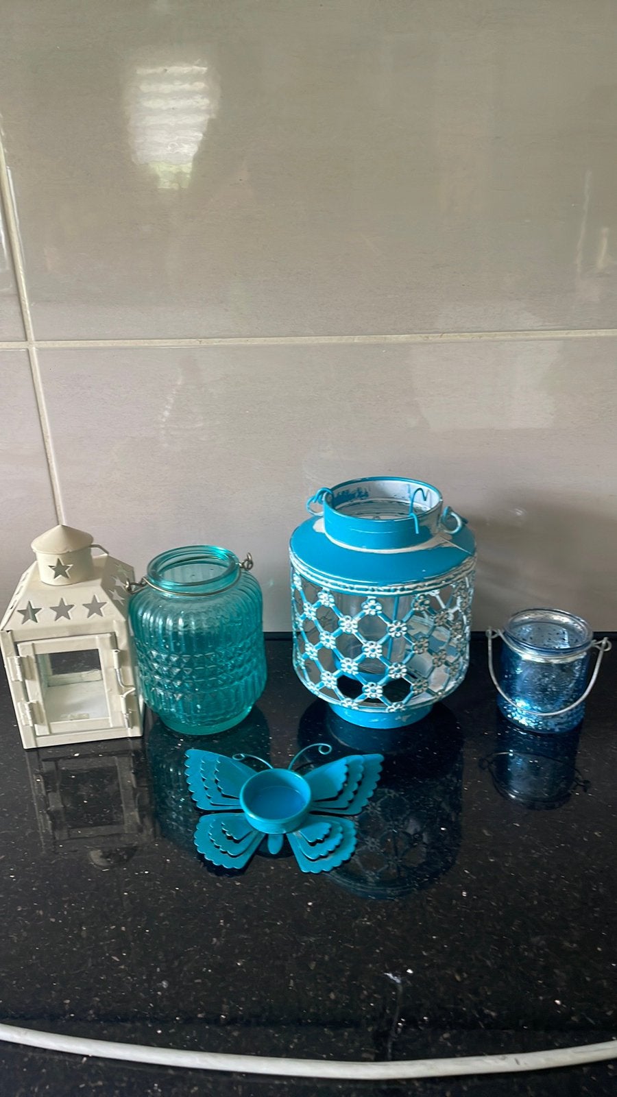 Waxinelichtjes houders blauw en creme, Gebruikt, Blauw, Waxinelichthouder, Ophalen of Verzenden