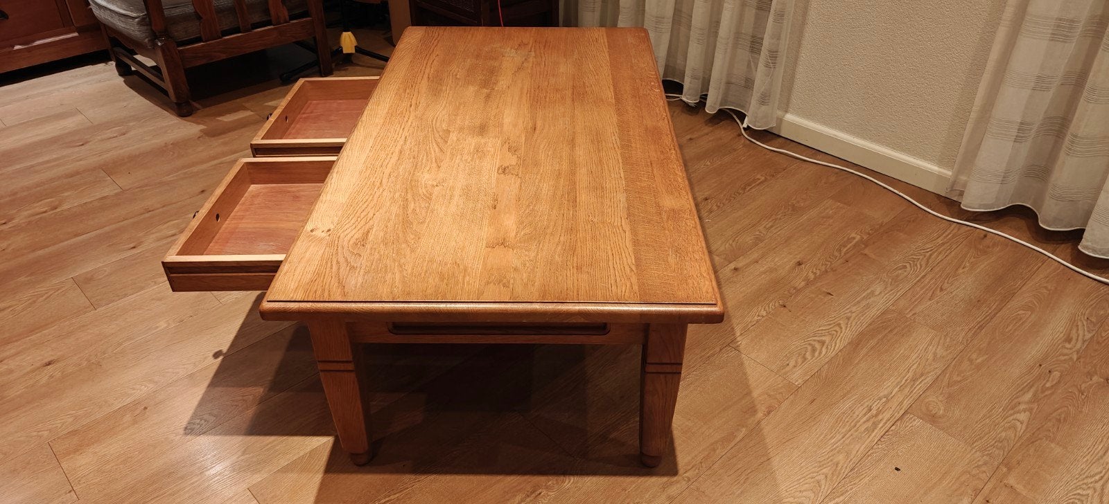 Massief eiken salontafel (dux-kleur)  Bolzano met lades, Ophalen, Gebruikt, 100 tot 150 cm, Eikenhout