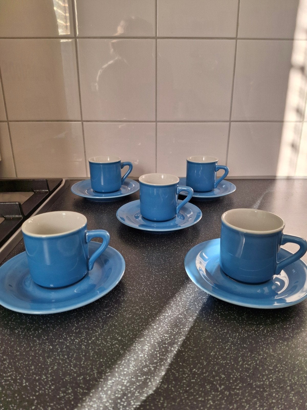 Vintage Saturnia Italy espressokopjes (5) hemelsblauw, Antiek en Kunst, Ophalen of Verzenden