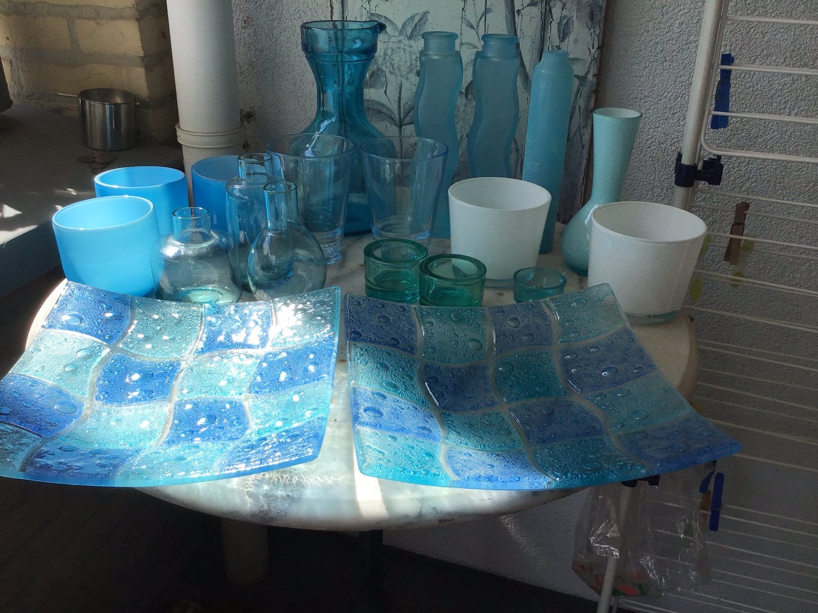 Turquoise vaas karaf glas borden,zeeblauwe vaasje glas karaf, Ophalen