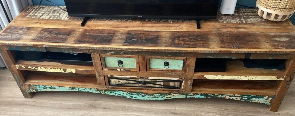Stoer industrieel tv-meubel van massief hout, Ophalen, Overige materialen, 150 tot 200 cm, Zo goed als nieuw