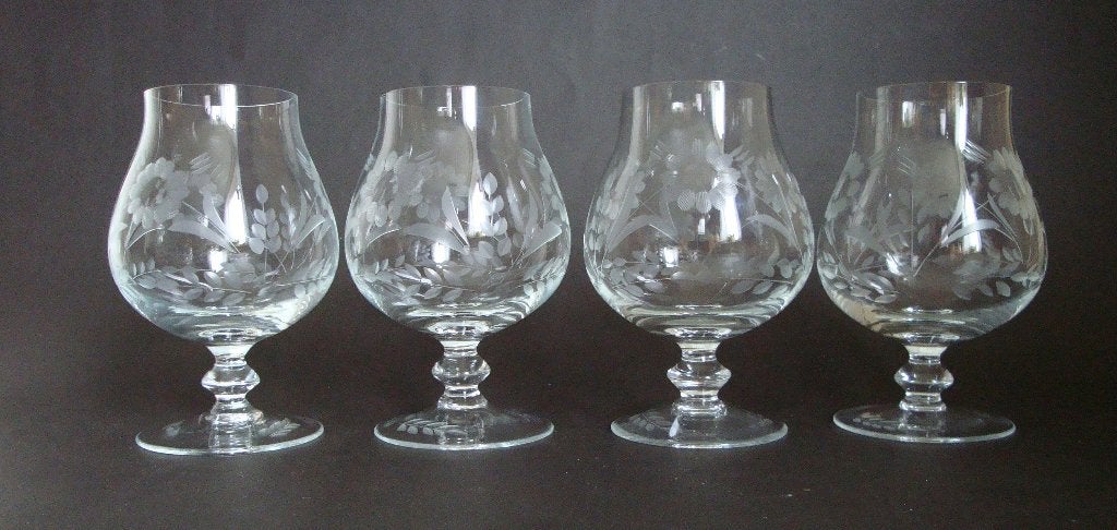 4x geslepen decoratie bloem korenaar glas cognac tulp, Antiek en Kunst, Ophalen of Verzenden