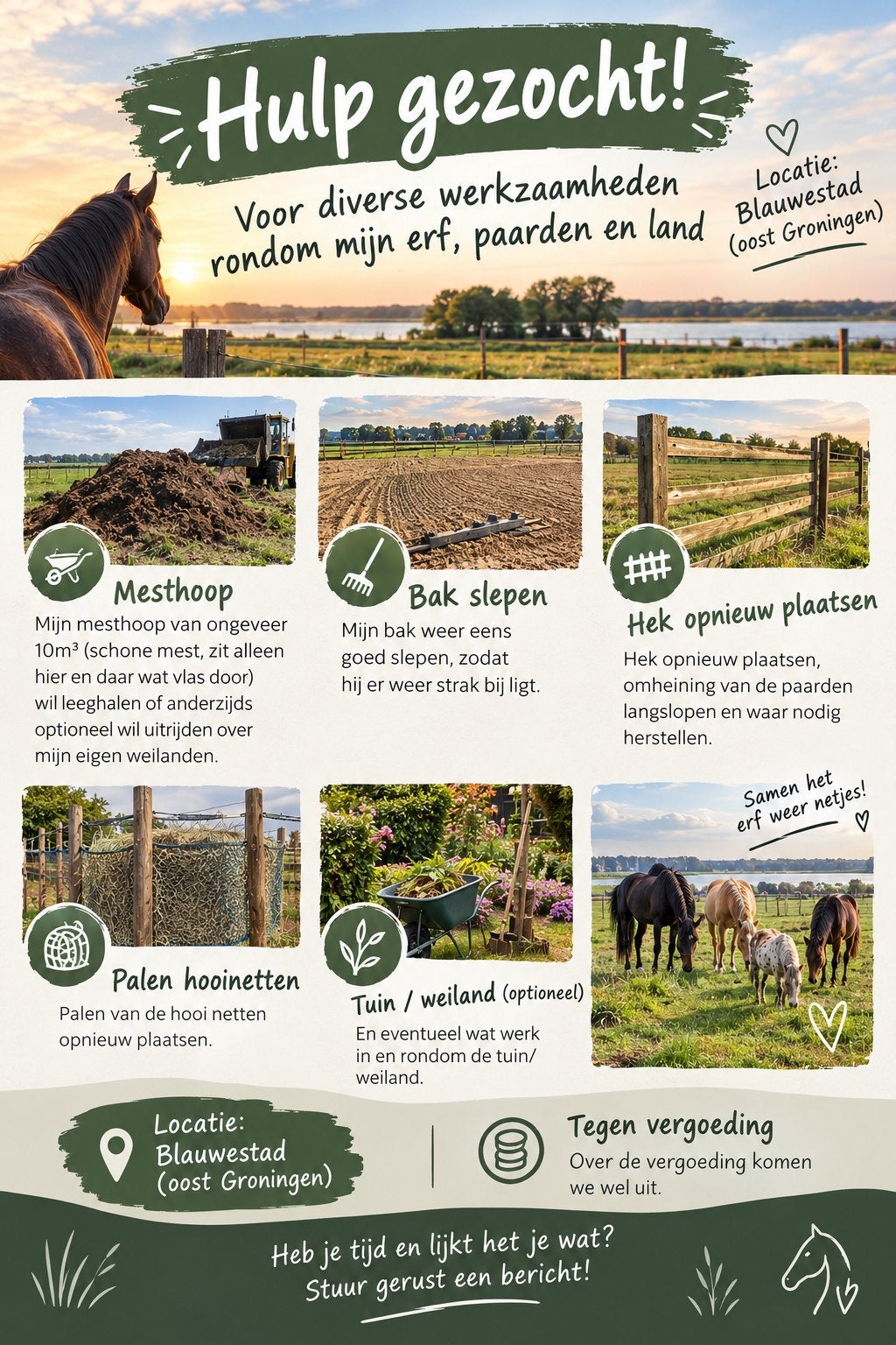 Handige hulp gezocht voor erf & paarden – Blauwestad, Ophalen of Verzenden