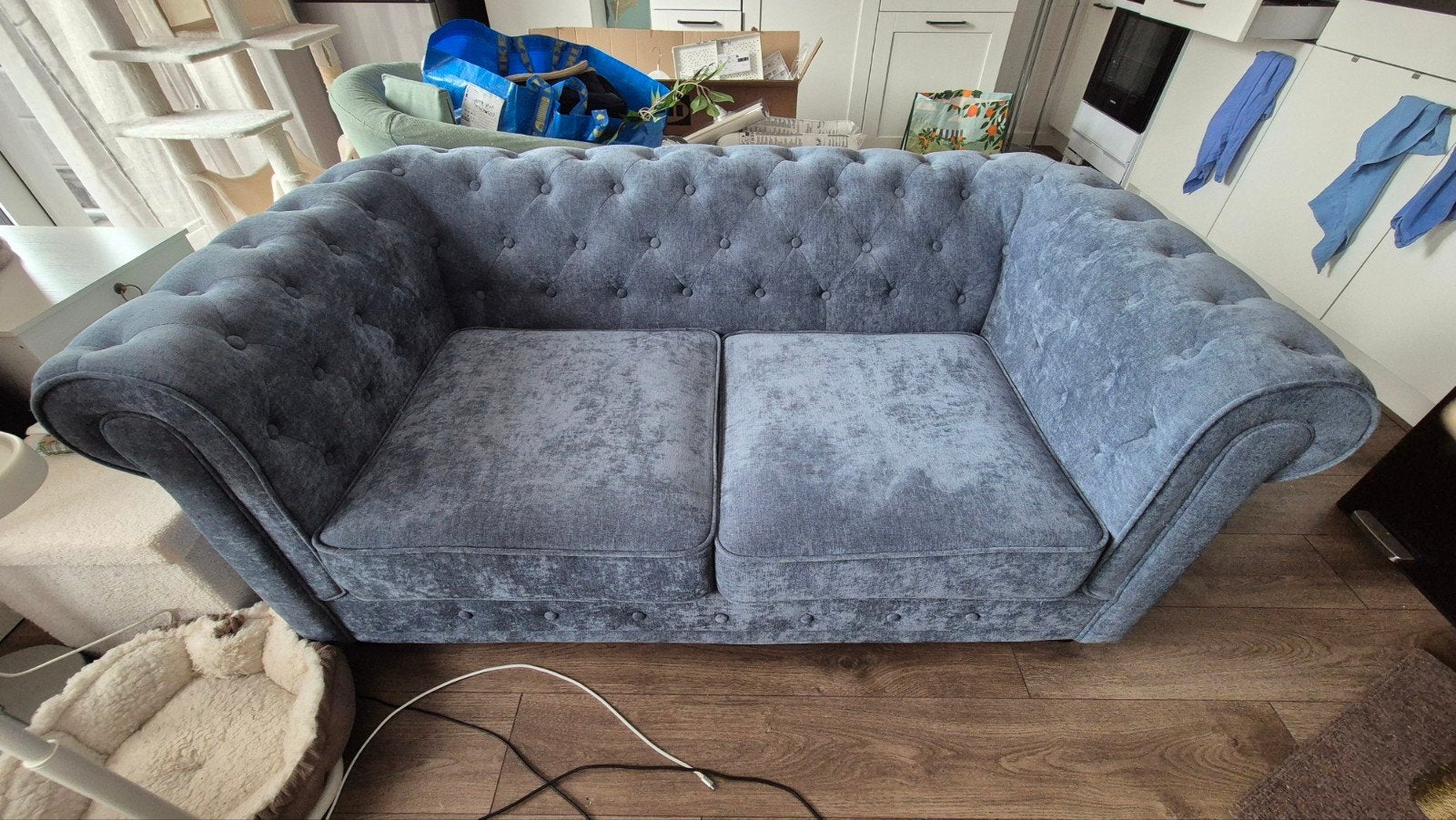 Chesterfield tweezitsbank in blauwe stof, Ophalen, 150 tot 200 cm, Chesterfield, Tweepersoons