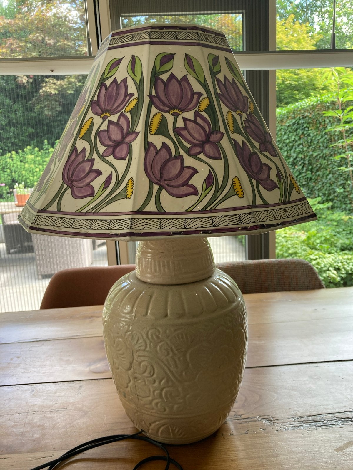 Handgemaakte paarse lotus lampenkap met keramische voet, Overige merken, Meerkleurig, Textiel, Overige fittingen