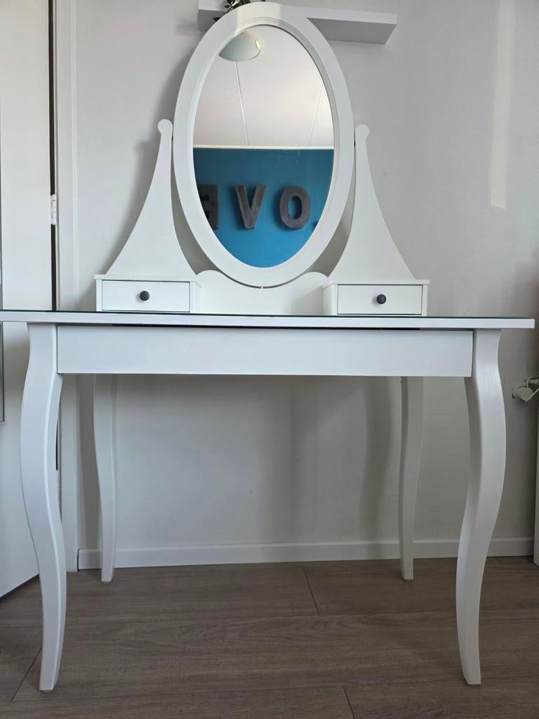 Witte toilettafel met spiegel en lades, Huis en Inrichting, Tafels | Kaptafels, Ophalen