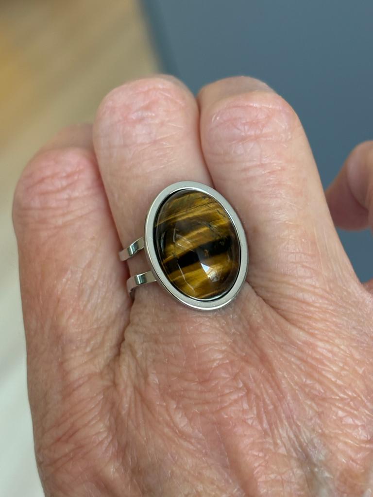 Verstelbare ring met Tijgeroog edelsteen - RVS, Bruin, IJzer of Staal, Caraidgems@hotmail.com, Nieuw