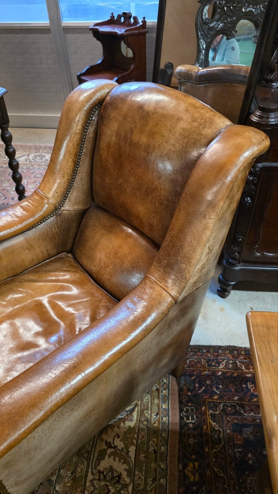 unieke antieke Engelse schapenlederen fauteuil, Ophalen