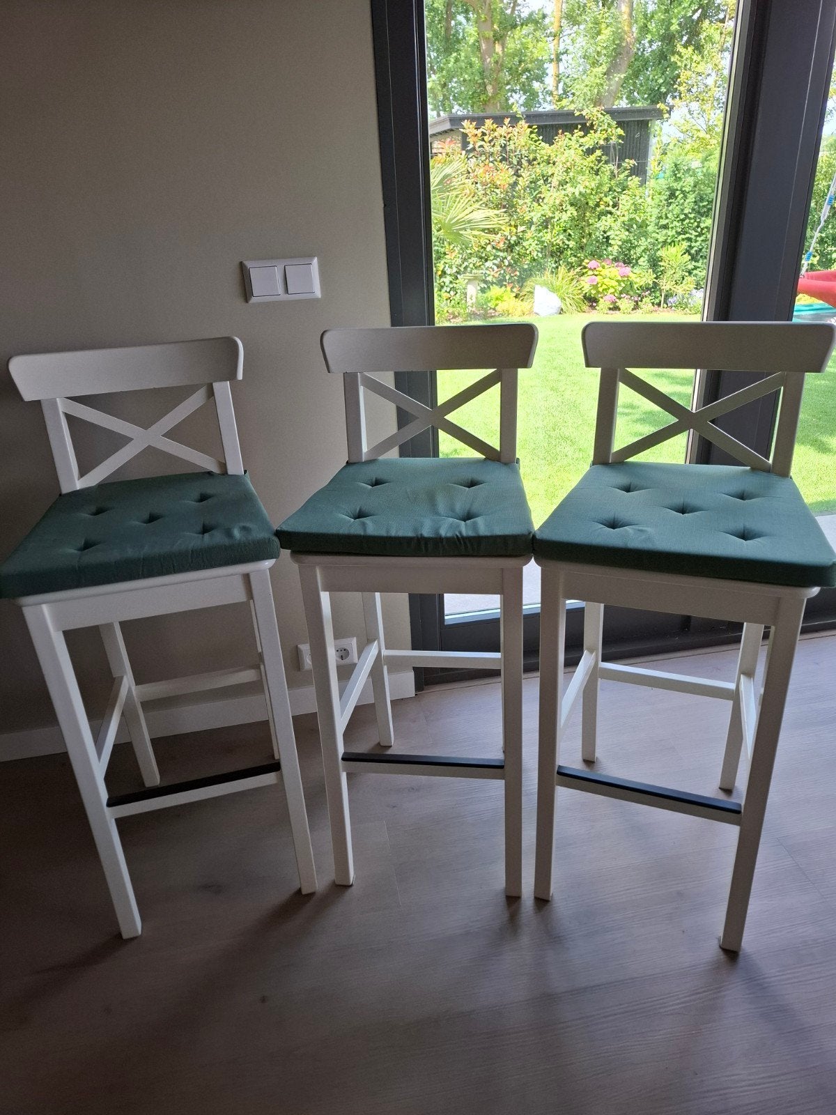 IKEA Rosentorp barkrukken met kussens (3 stuks), Ophalen, Gebruikt, Met voetsteun, 60 tot 90 cm