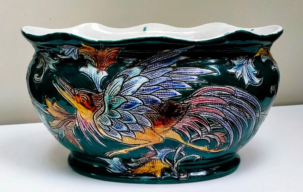Antieke Majolica Feniks / Phoenix Design Jardinière Bloempot, Nieuw, Ophalen of Verzenden, Balkon, Overige vormen