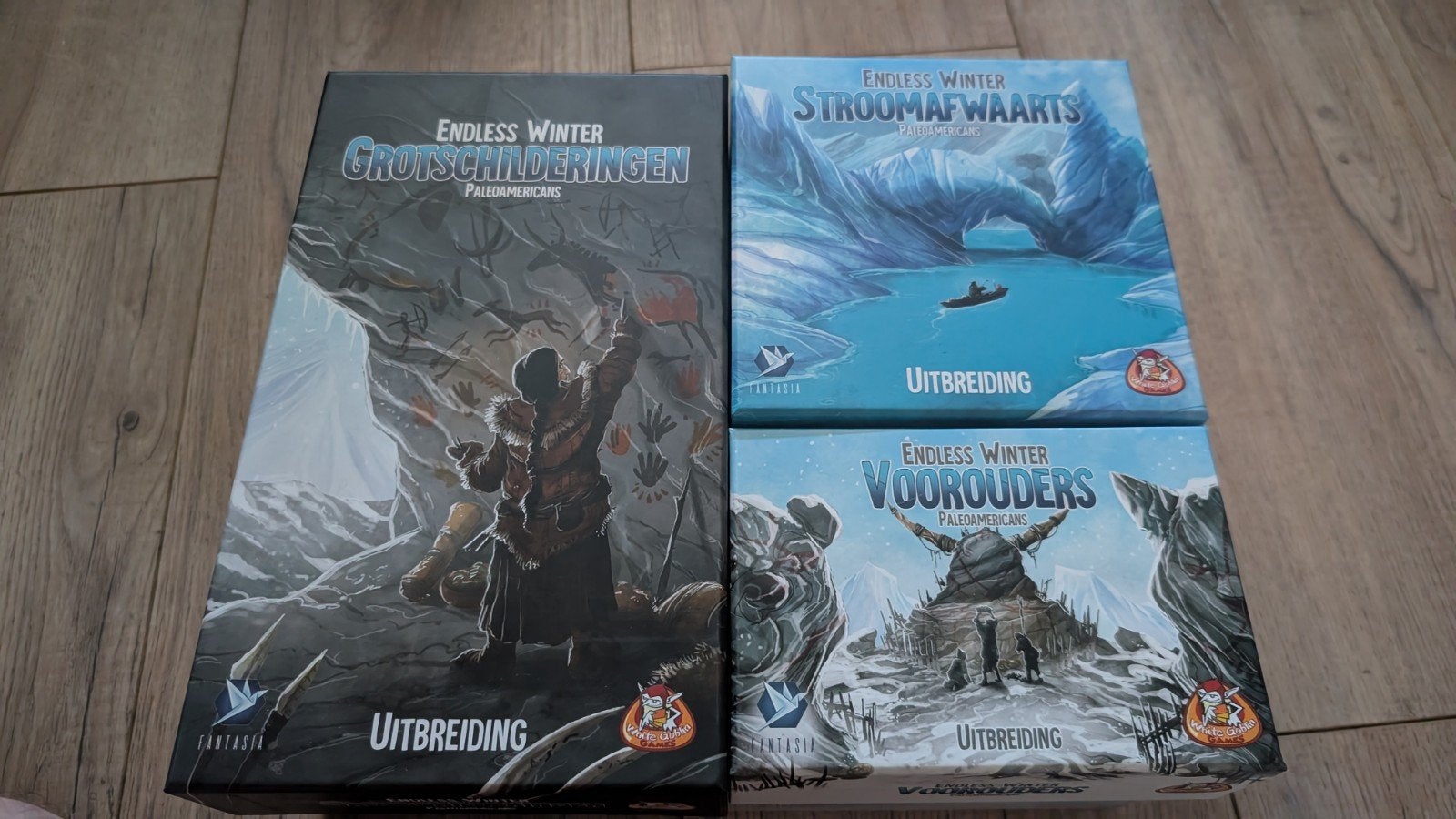 Endless Winter: Paleoamericans + 3 Uitbreidingen + Mammoet, Een of twee spelers, Ophalen of Verzenden, Zo goed als nieuw, Fantasia Games