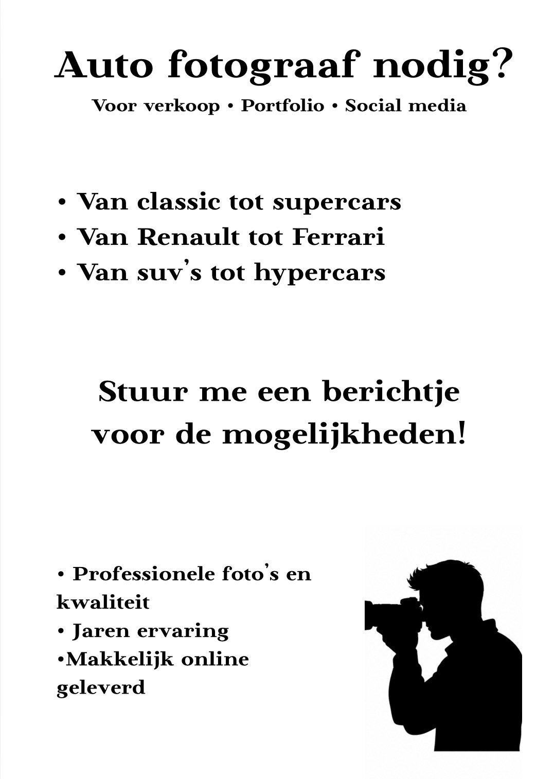 Auto fotograaf nodig?, Ophalen of Verzenden, Nieuw, Overige Merken, 8 keer of meer