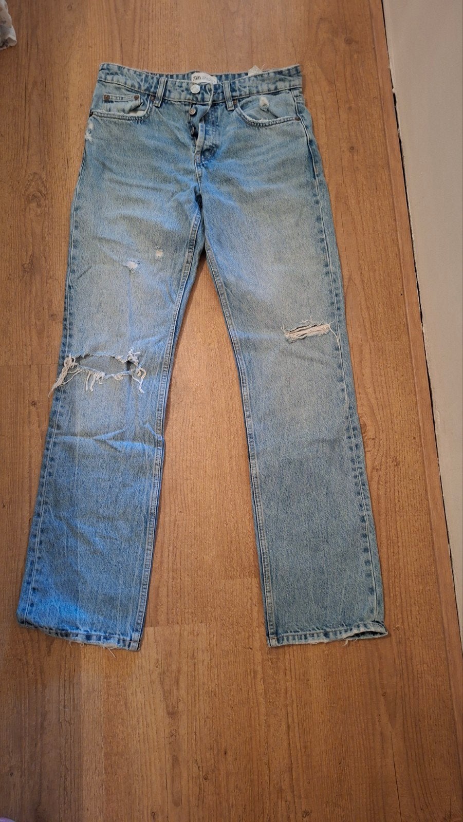Lichtblauwe Straight Fit Jeans met Rips & Distressed Details, Blauw, Zara, Ophalen of Verzenden, Zo goed als nieuw