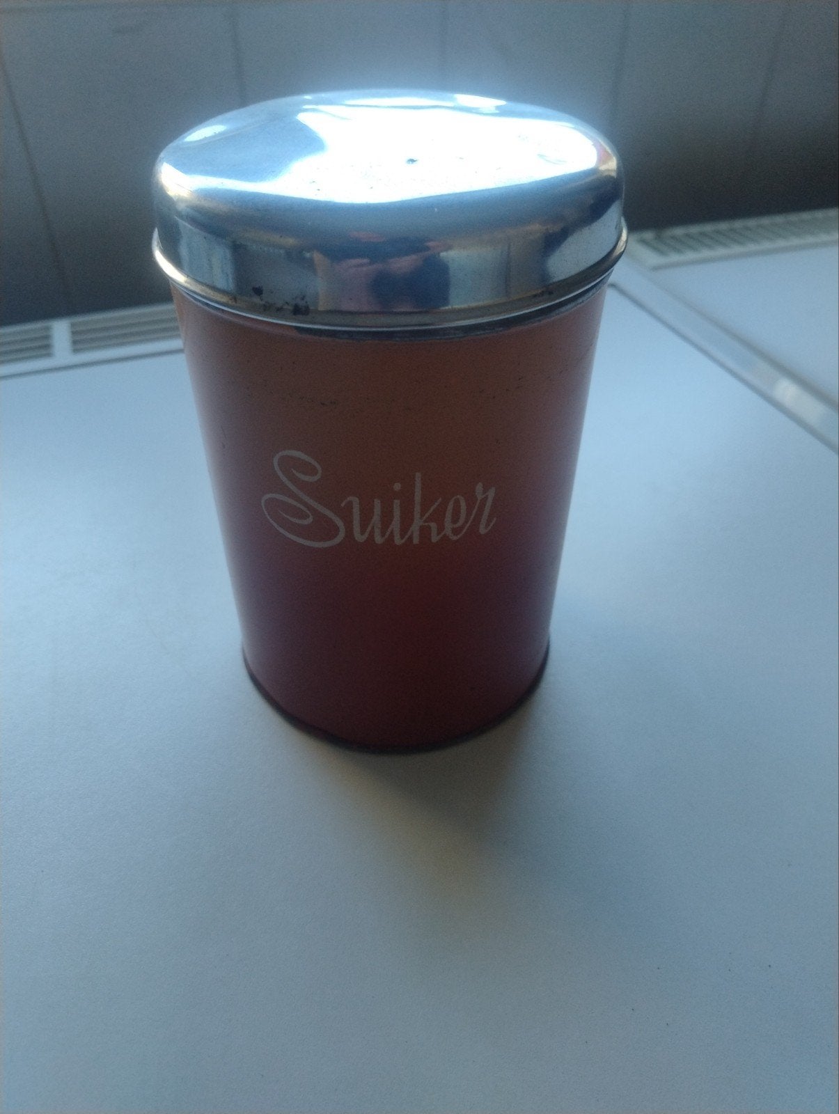 Vintage Suiker voorraadbus - Bruin met Chroom Deksel, Ophalen of Verzenden