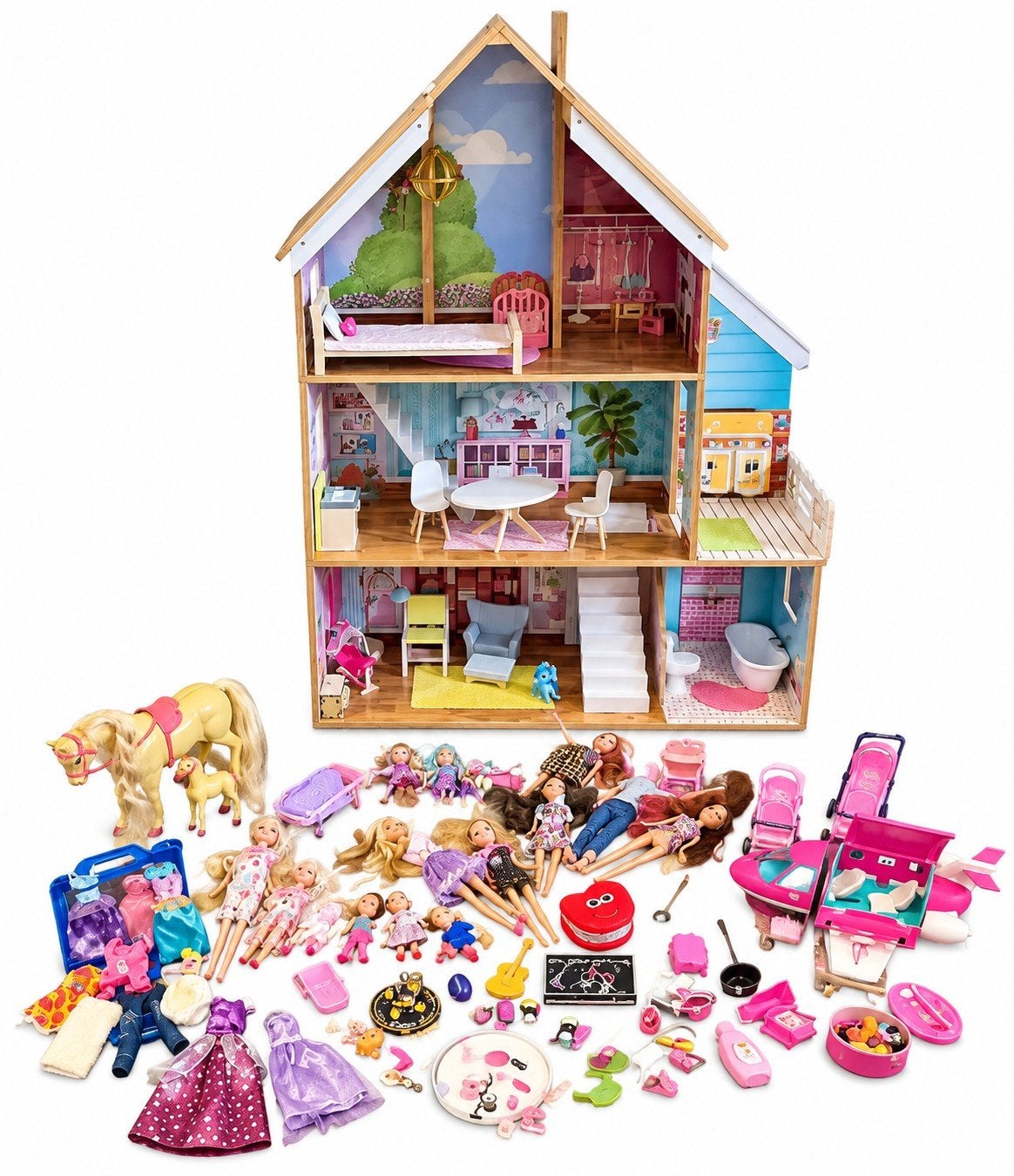 Groot poppenhuis met veel poppen en accessoires, Kinderen en Baby's, Ophalen, Zo goed als nieuw, Barbie